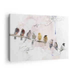 Quadro su tela - Stampe su Tela - Uccelli colorati su un ramo in stile acquerello - 70x50cm - Incontro alato - Decorazione murale moderna per soggiorno e camera da letto ARTTOR