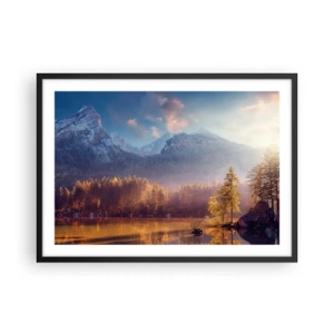 Poster in cornice nera - Vista pittoresca della foresta di montagna e del lago all'alba - 70x50cm - Sui monti e nelle valli - Decorazione murale moderna per soggiorno e camera da letto ARTTOR