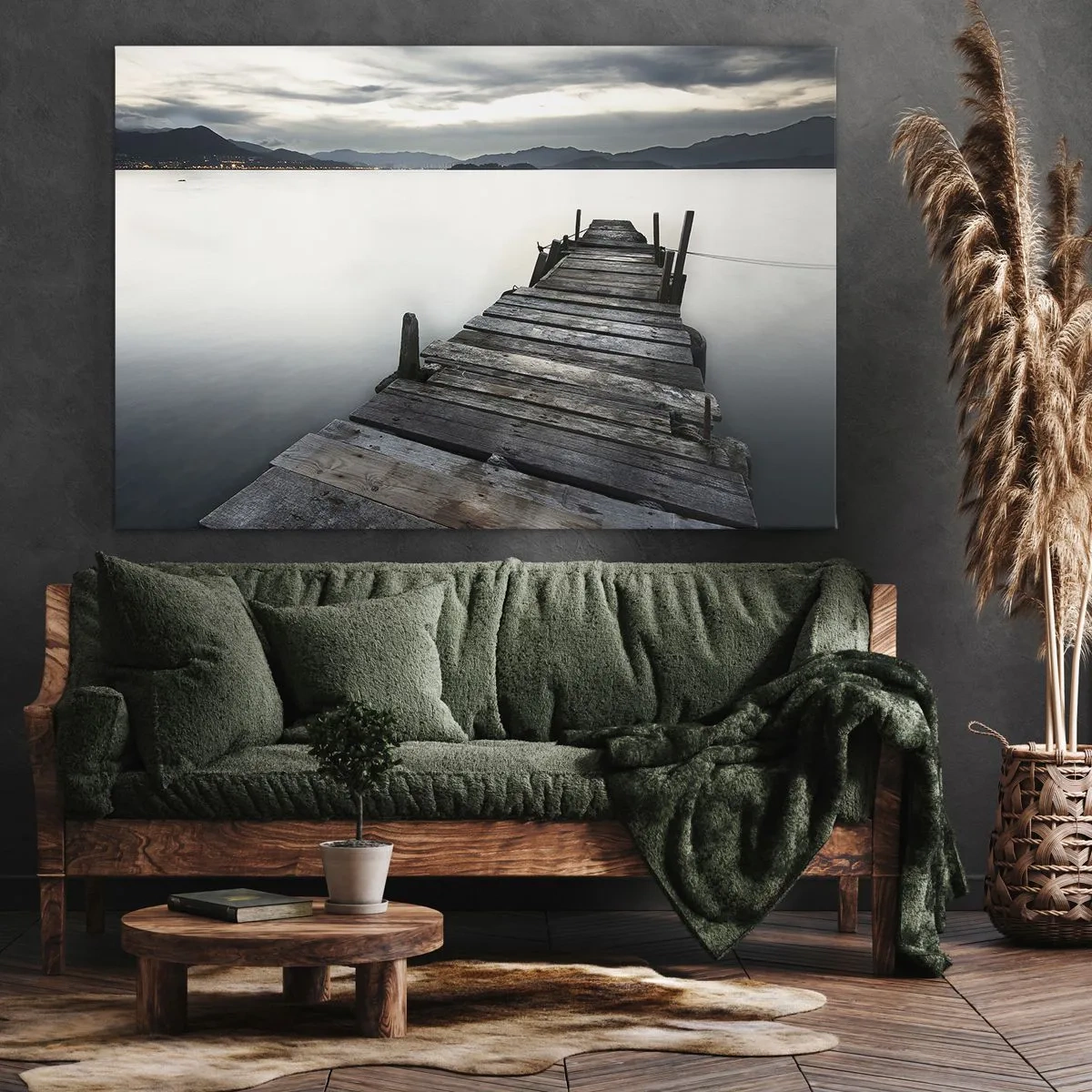 Quadro su tela - Stampe su Tela - Un ponte di legno che conduce verso un lago tranquillo - 120x80cm - Immergersi nella tranquillità - Decorazione murale moderna per soggiorno e camera da letto ARTTOR