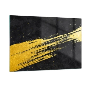 Quadro su vetro - Un pennello dorato su uno sfondo nero in una forma dinamica e astratta - 120x80cm - Salto nell'iperspazio - Decorazione murale moderna per soggiorno e camera da letto ARTTOR