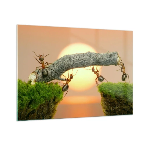 Quadro su vetro - Formiche che costruiscono un ponte al tramonto - 100x70cm - Gioioso lavoro comune - Decorazione murale moderna per soggiorno e camera da letto ARTTOR