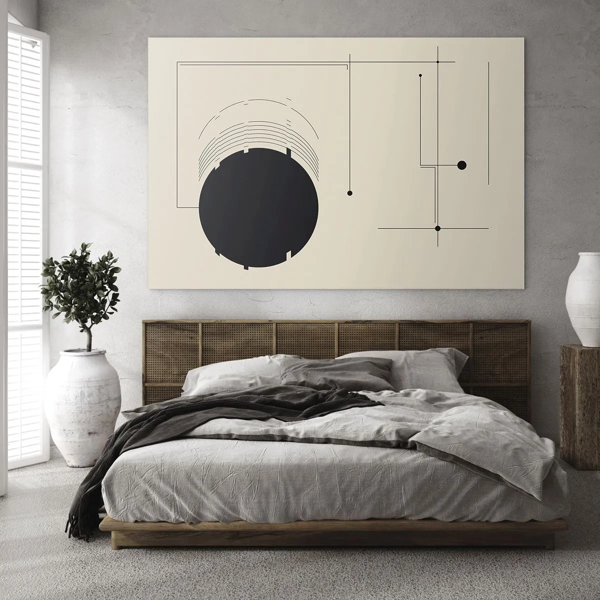 Quadro su vetro - Composizione astratta con un cerchio nero e linee geometriche - 70x50cm - Composizione elastica e dinamica - Decorazione murale moderna per soggiorno e camera da letto ARTTOR