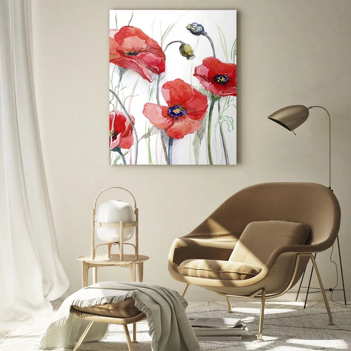Quadro su vetro - Papaveri acquerellati su uno sfondo delicato - 80x120cm - Fiori polacchi - Decorazione murale moderna per soggiorno e camera da letto ARTTOR
