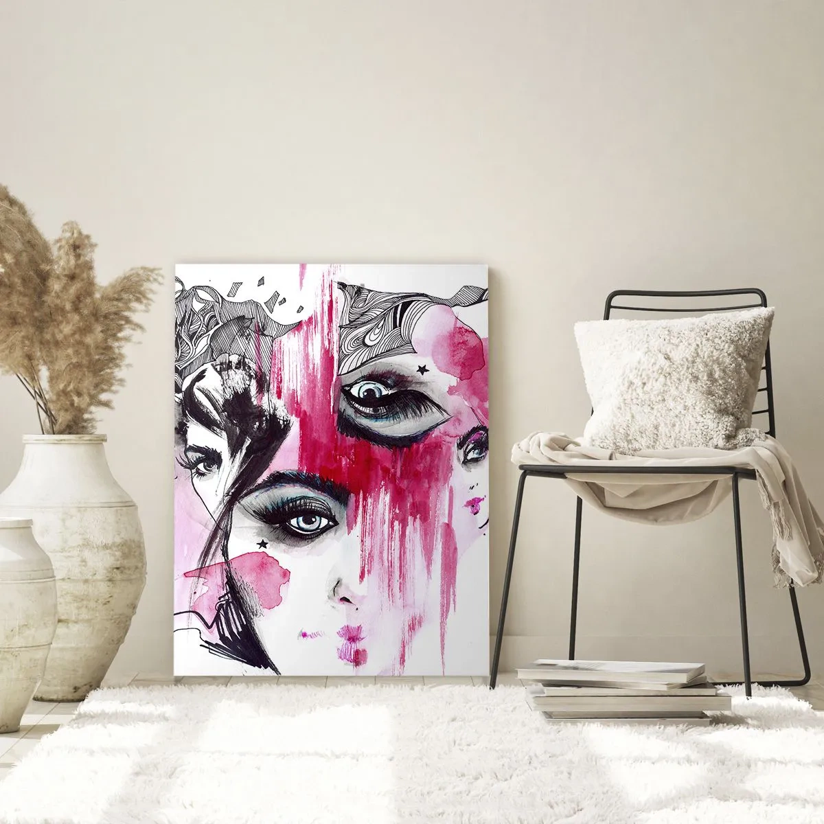 Quadro su vetro - Volti femminili astratti con accenti rosa in stile schizzo. - 50x70cm - Occhi astratti - Decorazione murale moderna per soggiorno e camera da letto ARTTOR