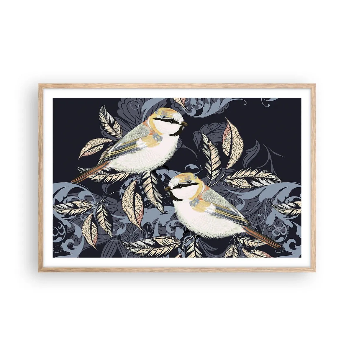 Poster in cornice rovere chiaro - Cinguettio oro e blu - 91x61 cm