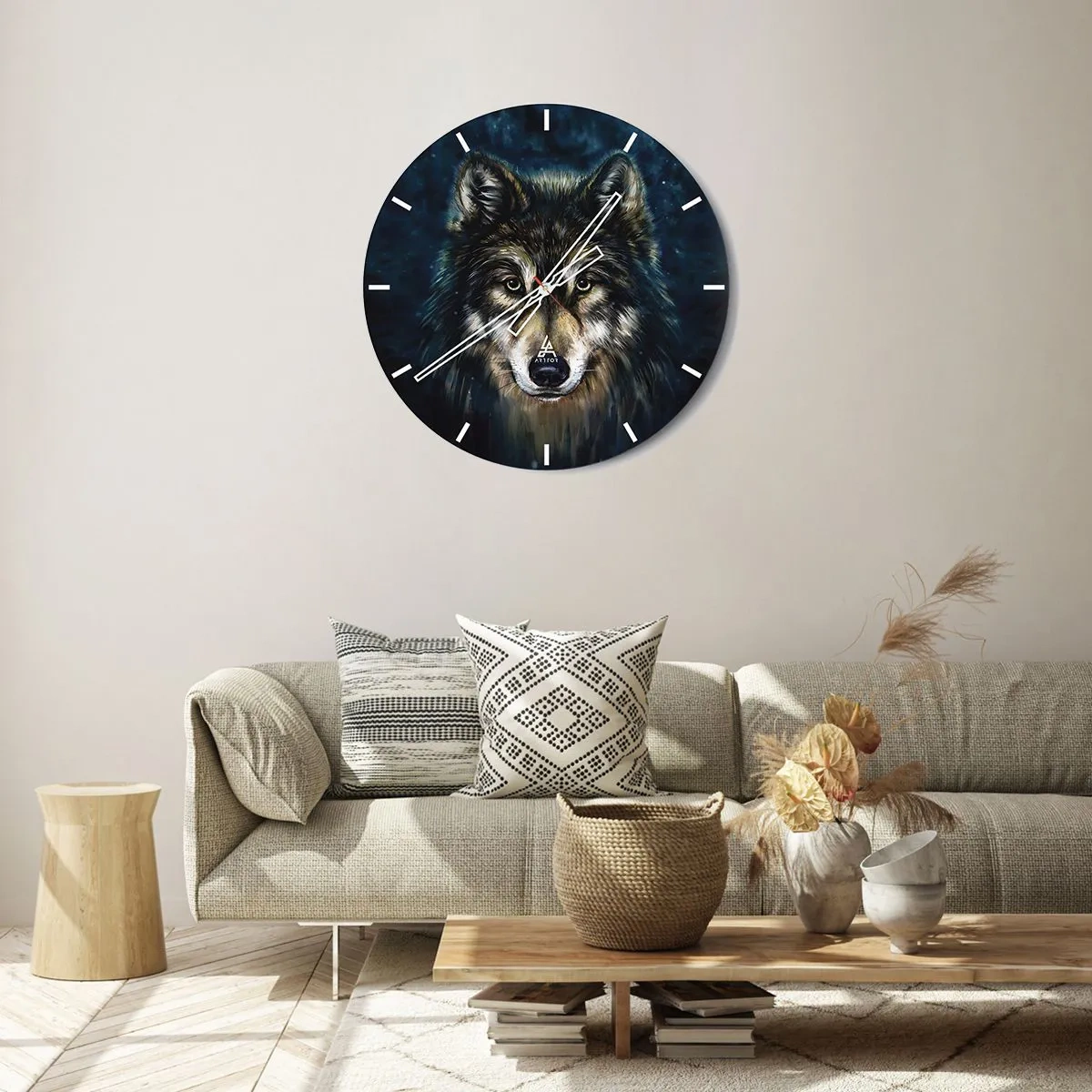 Orologio da parete - Orologio in Vetro - Ritratto di un lupo contro un cielo notturno blu scuro - 30x30cm - Alfa? E omega - Decorazione murale moderna per soggiorno, cucina e camera da letto ARTTOR