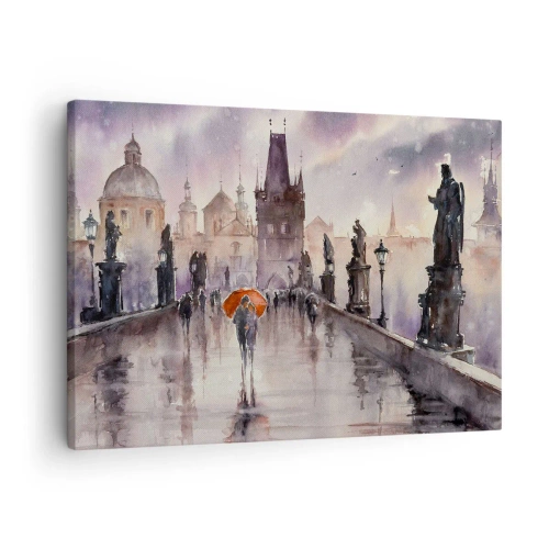 Quadro su tela - Stampe su Tela - Vista romantica di un ponte con un ombrello sullo sfondo di una città serale - 70x50cm - Le persone non cambiano - Decorazione murale moderna per soggiorno e camera da letto ARTTOR