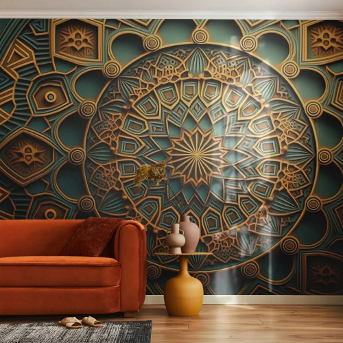 Fotomurali Premium Sand - Mandala orientale nei colori oro e smeraldo - 100x70cm - Atmosfera araba - Decorazione murale moderna per soggiorno e camera da letto ARTTOR