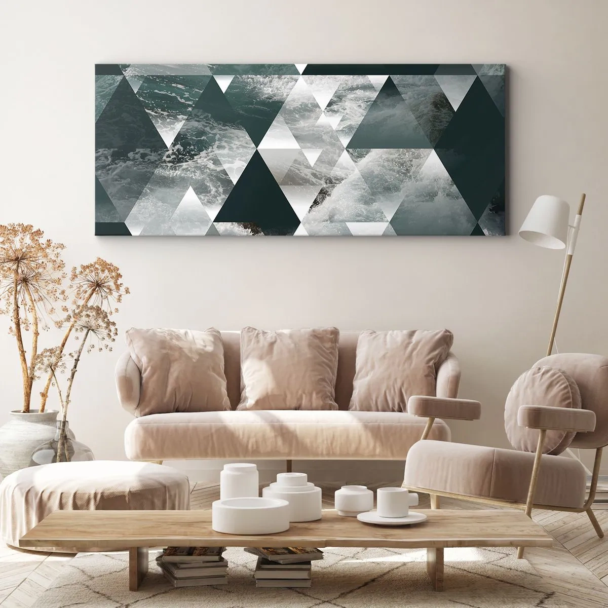 Quadro su tela - Stampe su Tela - Motivo geometrico con motivo a onde nei toni del verde - 140x50cm - Prospettiva di cristallo - Decorazione murale moderna per soggiorno e camera da letto ARTTOR