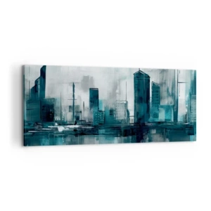Quadro su tela - Stampe su Tela - Una città moderna nei toni del turchese e del grigio - 120x50cm - La città al colore della pioggia - Decorazione murale moderna per soggiorno e camera da letto ARTTOR