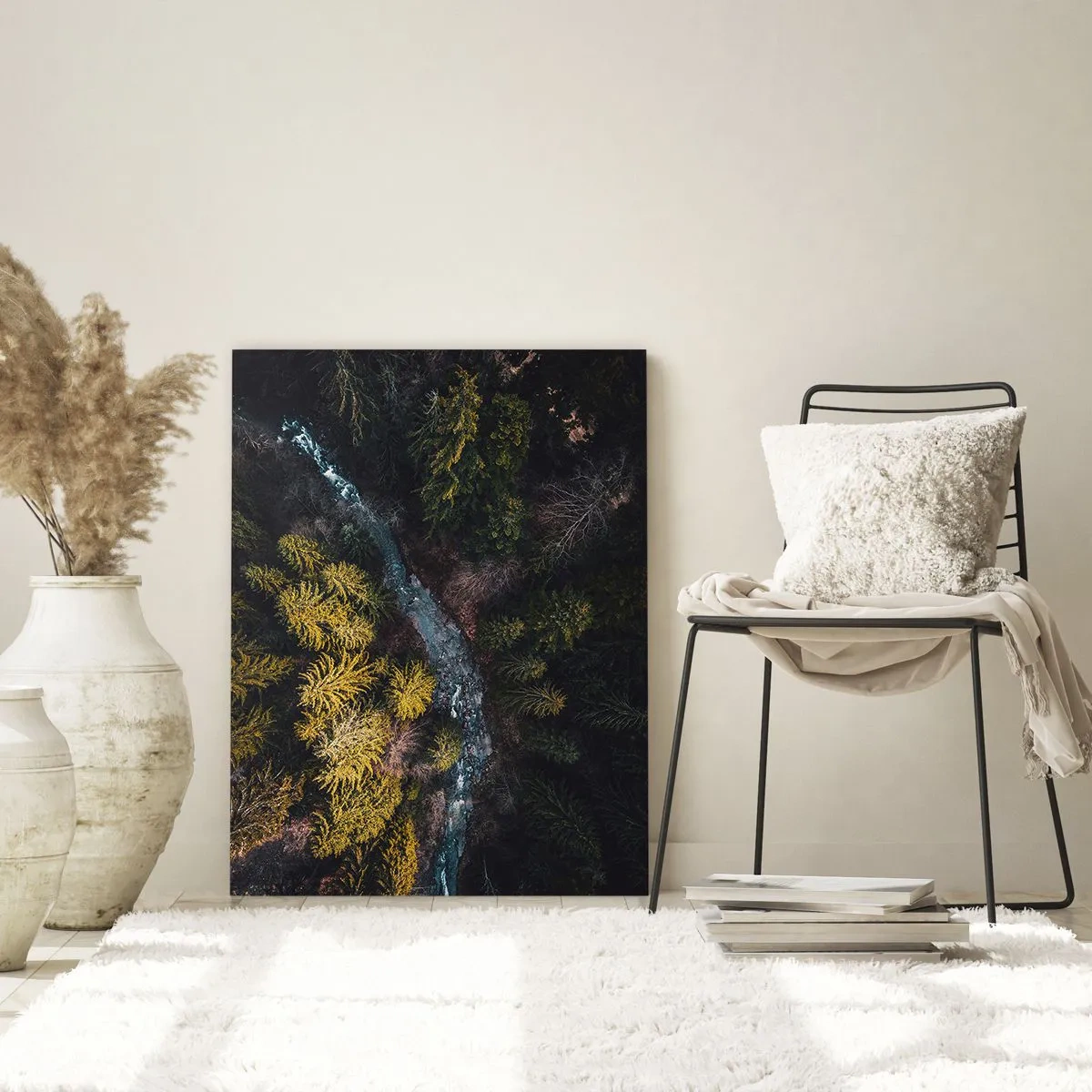 Quadro su vetro - Vista a volo d'uccello di un paesaggio forestale con un ruscello tortuoso - 50x70cm - Sempre più veloce - Decorazione murale moderna per soggiorno e camera da letto ARTTOR