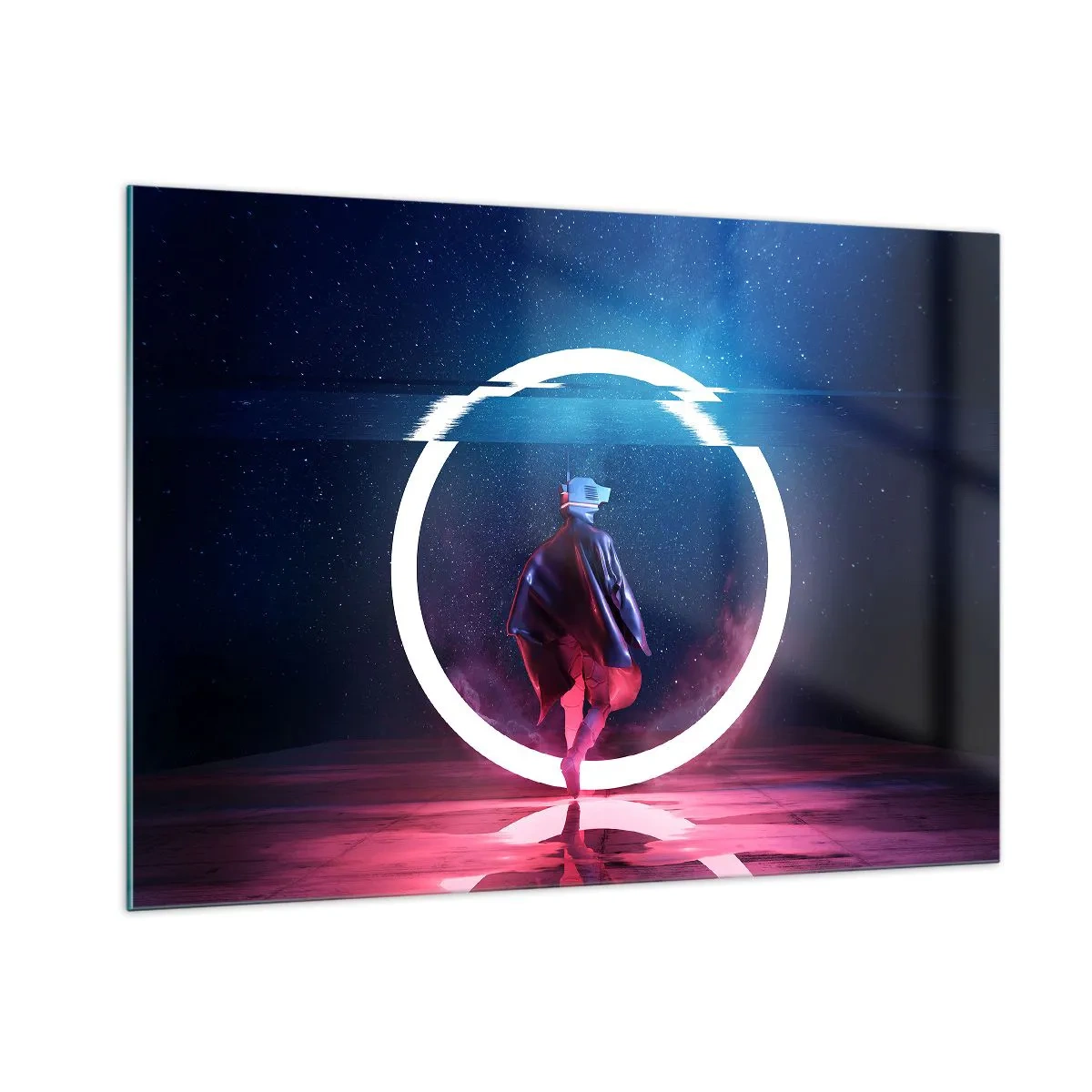 Quadro su vetro - Una figura in un ambiente futuristico con un anello al neon - 100x70cm - Tra due mondi - Decorazione murale moderna per soggiorno e camera da letto ARTTOR
