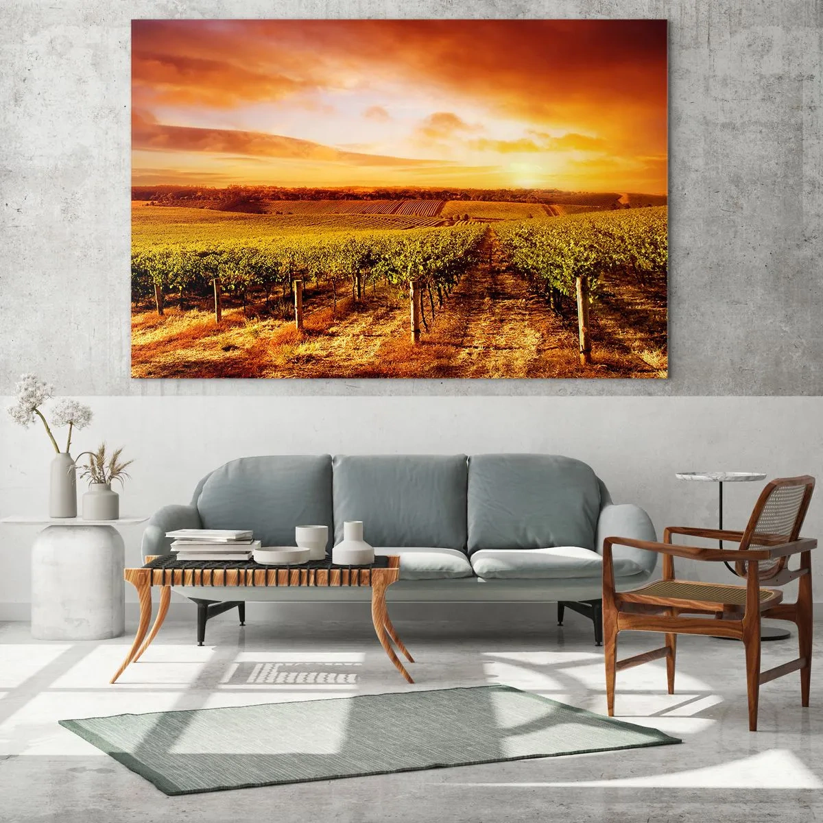 Quadro su vetro - Viti in un campo al tramonto - 70x50cm - Profumo di frutta con una nota di sole - Decorazione murale moderna per soggiorno e camera da letto ARTTOR