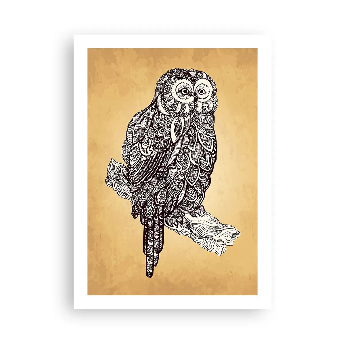 Poster - Un gufo stilizzato con motivo ornamentale su sfondo beige. - 50x70cm - Delicati ghirigori di saggezza - Decorazione murale moderna per soggiorno e camera da letto ARTTOR