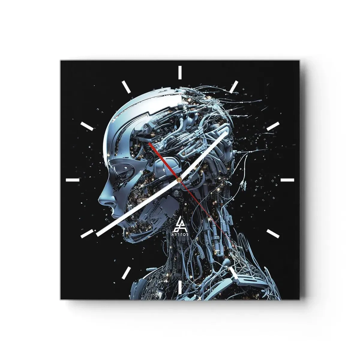 Orologio da parete - Orologio in Vetro - Ritratto futuristico di un cyborg in stile industriale su sfondo nero. - 30x30cm - La tecnologia è donna - Decorazione murale moderna per soggiorno e camera da letto ARTTOR