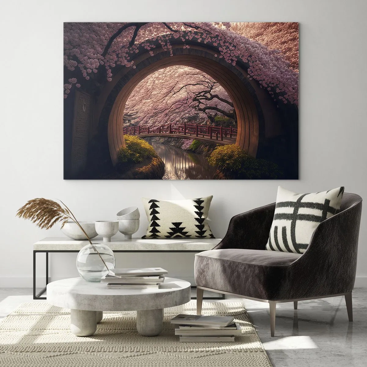 Quadro su vetro - Fiori di ciliegio e un ponte giapponese visti attraverso il cancello rotondo - 70x50cm - Primavera giapponese - Decorazione murale moderna per soggiorno e camera da letto ARTTOR