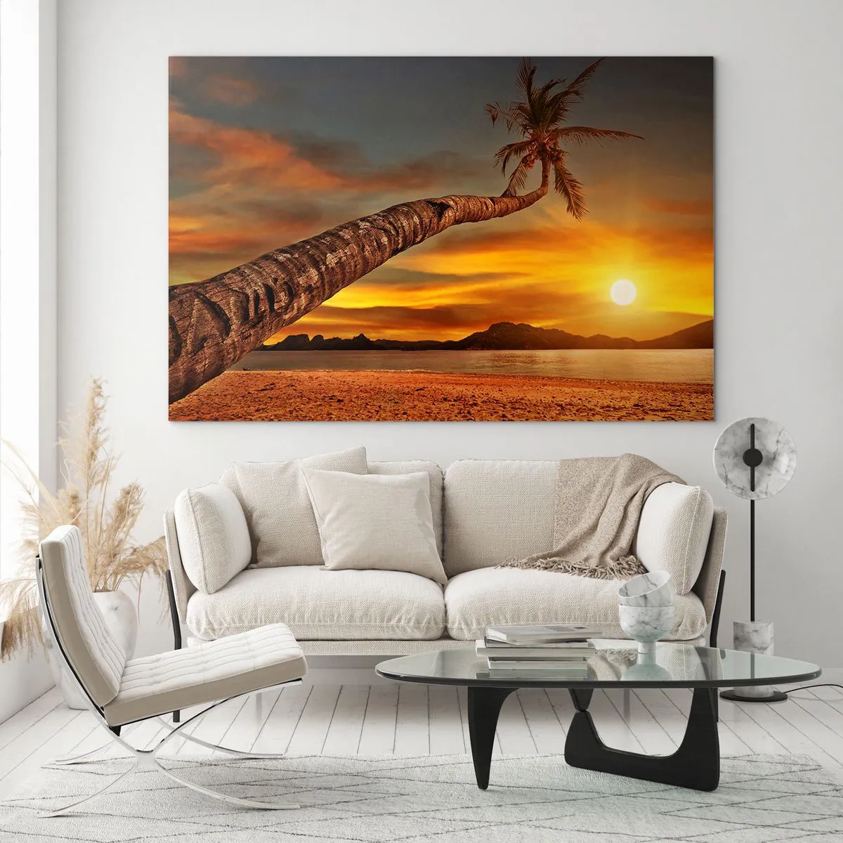 Quadro su vetro - Palma su una spiaggia tropicale al tramonto - 70x50cm - Vacanze esotiche, avventura nei Caraibi - Decorazione murale moderna per soggiorno e camera da letto ARTTOR