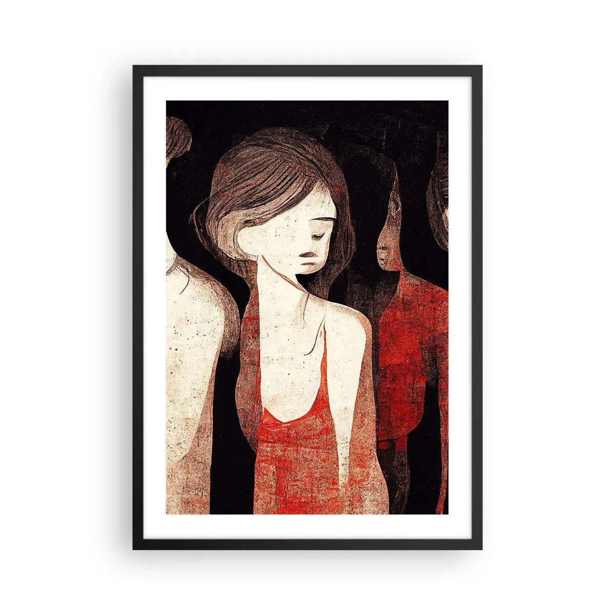 Poster in cornice nera - Illustrazione astratta di una figura in rosso e nero - 50x70cm - Madonne nell'oscurità - Decorazione murale moderna per soggiorno e camera da letto ARTTOR