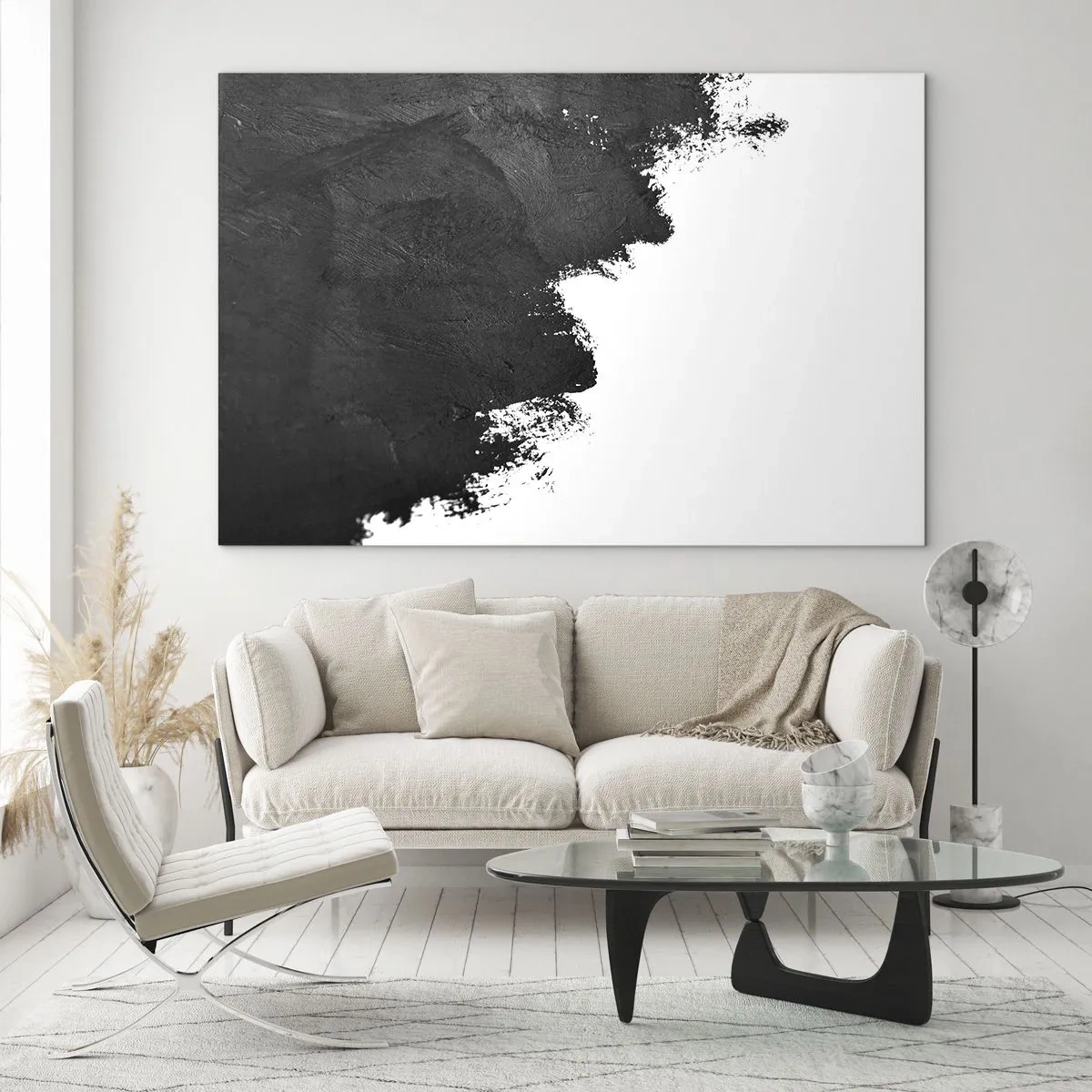 Quadro su vetro - Texture di vernice nera su sfondo bianco in stile minimalista - 100x70cm - Gli elementi: la terra - Decorazione murale moderna per soggiorno e camera da letto ARTTOR