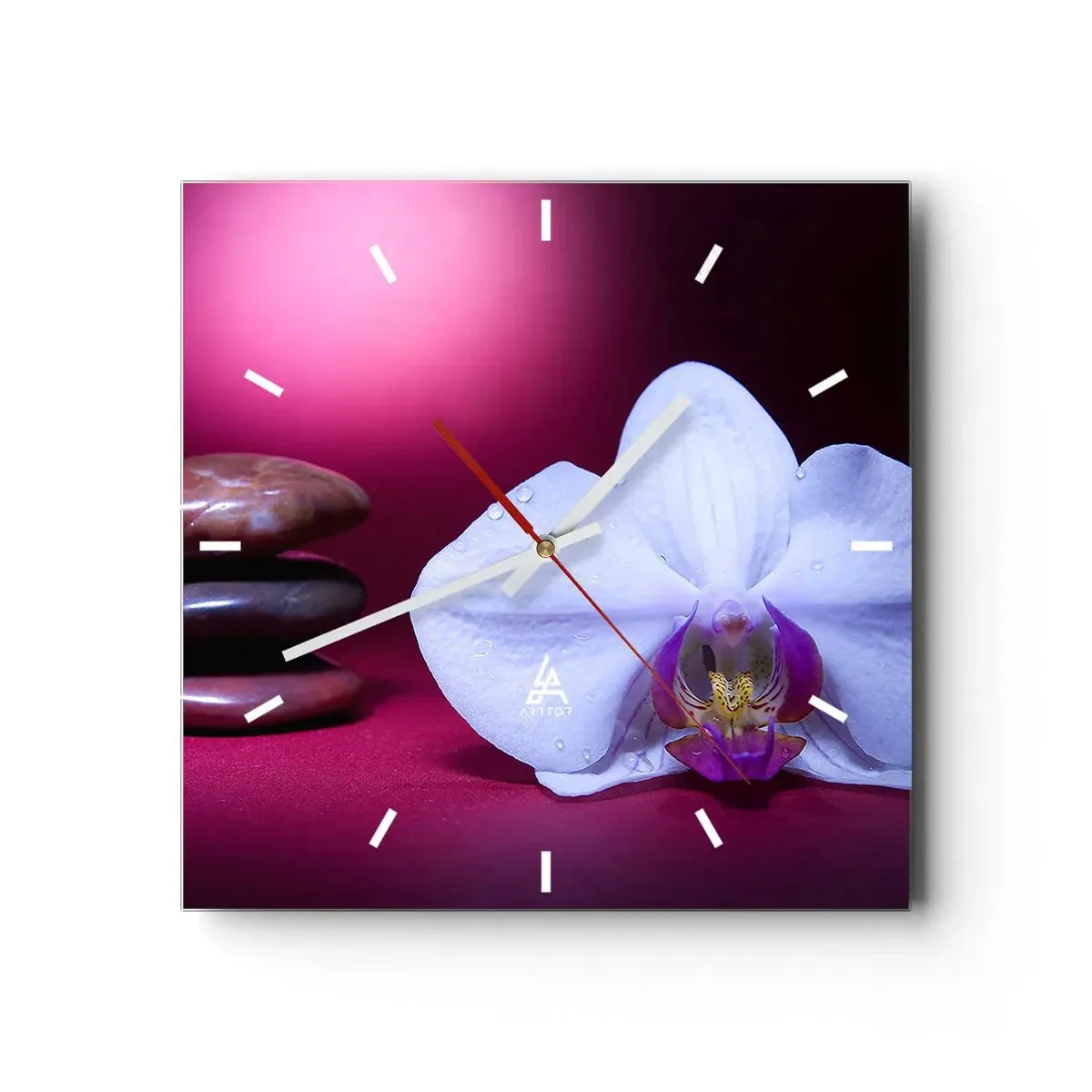 Orologio da parete - Orologio in Vetro - Orchidea bianca e pietre su sfondo rosa - 30x30cm - Studio di freschezza in viola - Decorazione murale moderna per soggiorno e camera da letto ARTTOR