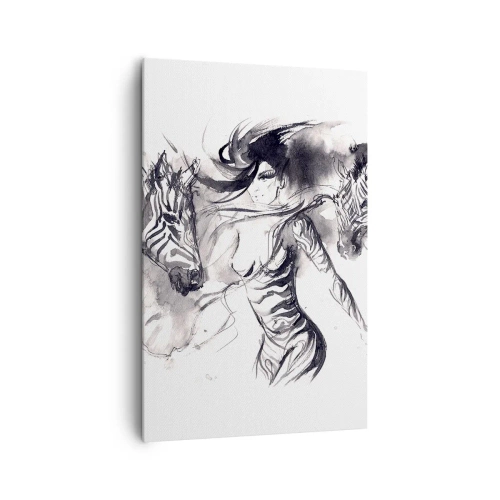 Quadro su tela - Stampe su Tela - Una donna in una danza dinamica con zebre in un'estetica in bianco e nero - 80x120cm - Ballando con le zebre - Decorazione murale moderna per soggiorno e camera da letto ARTTOR