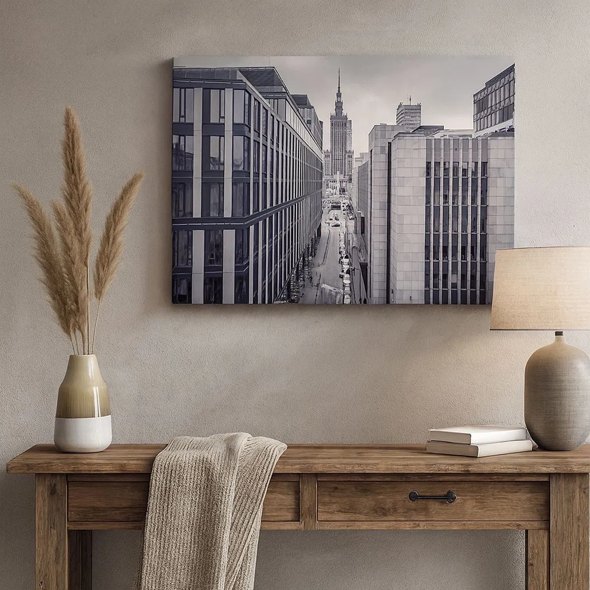 Quadro su tela - Stampe su Tela - Panorama di Varsavia con vista sul Palazzo della Cultura e sugli edifici circostanti - 70x50cm - La valle di Varsavia - Decorazione murale moderna per soggiorno e camera da letto ARTTOR