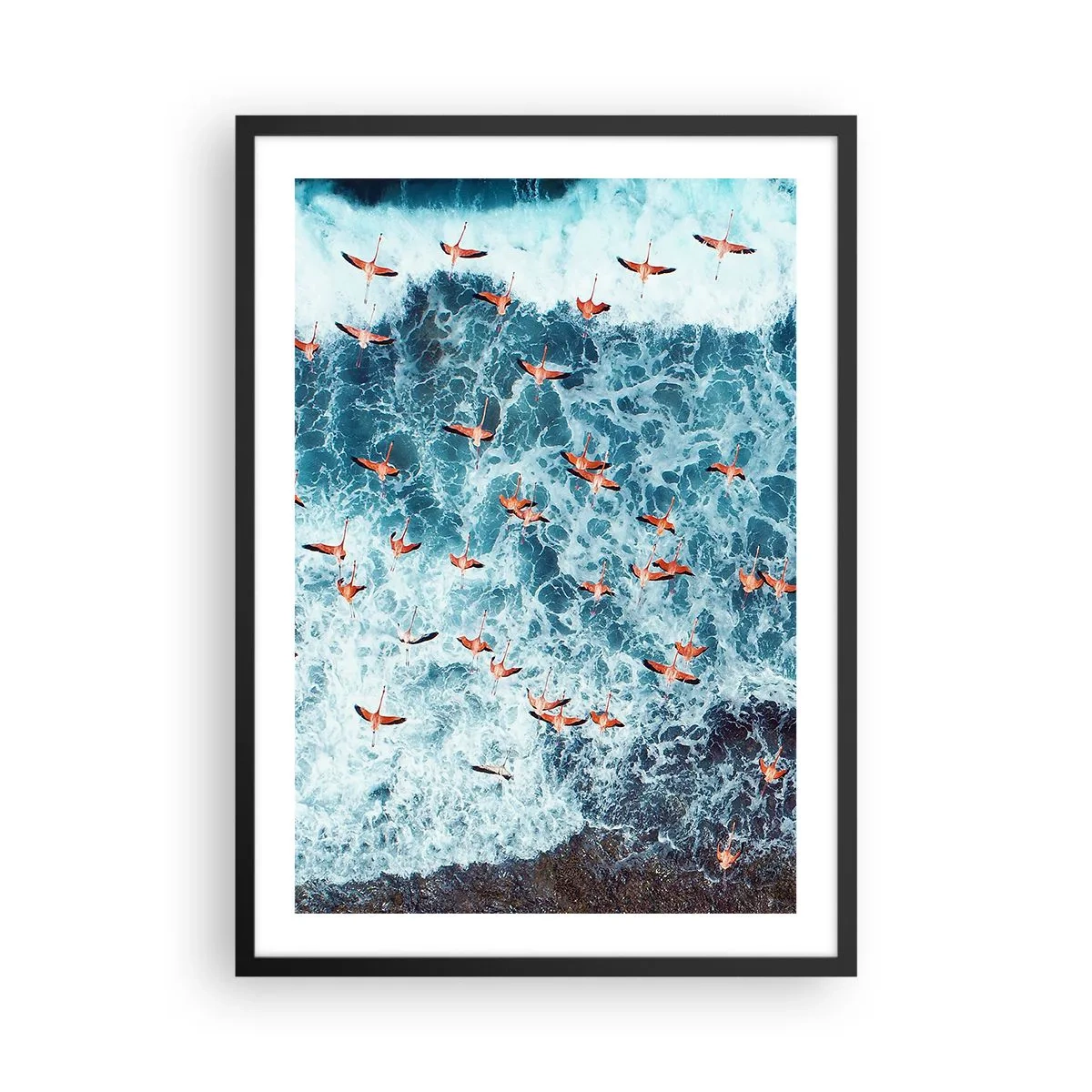 Poster in cornice nera - Fenicotteri sopra le onde dell'oceano dai colori intensi - 50x70cm - Parata sotto il mare - Decorazione murale moderna per soggiorno e camera da letto ARTTOR