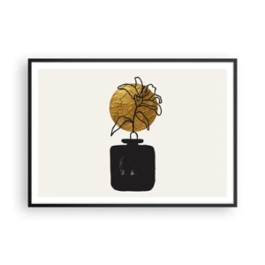Poster in cornice nera - Un disegno di un fiore in un vaso su uno sfondo di cerchi dorati - 100x70cm - Bellezza a peso d'oro - Decorazione murale moderna per soggiorno e camera da letto ARTTOR