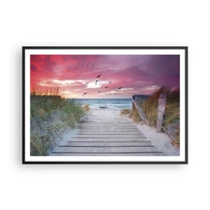 Poster in cornice nera - Sentiero in legno sulla spiaggia al tramonto rosa - 100x70cm - Impressioni baltiche - Decorazione murale moderna per soggiorno e camera da letto ARTTOR