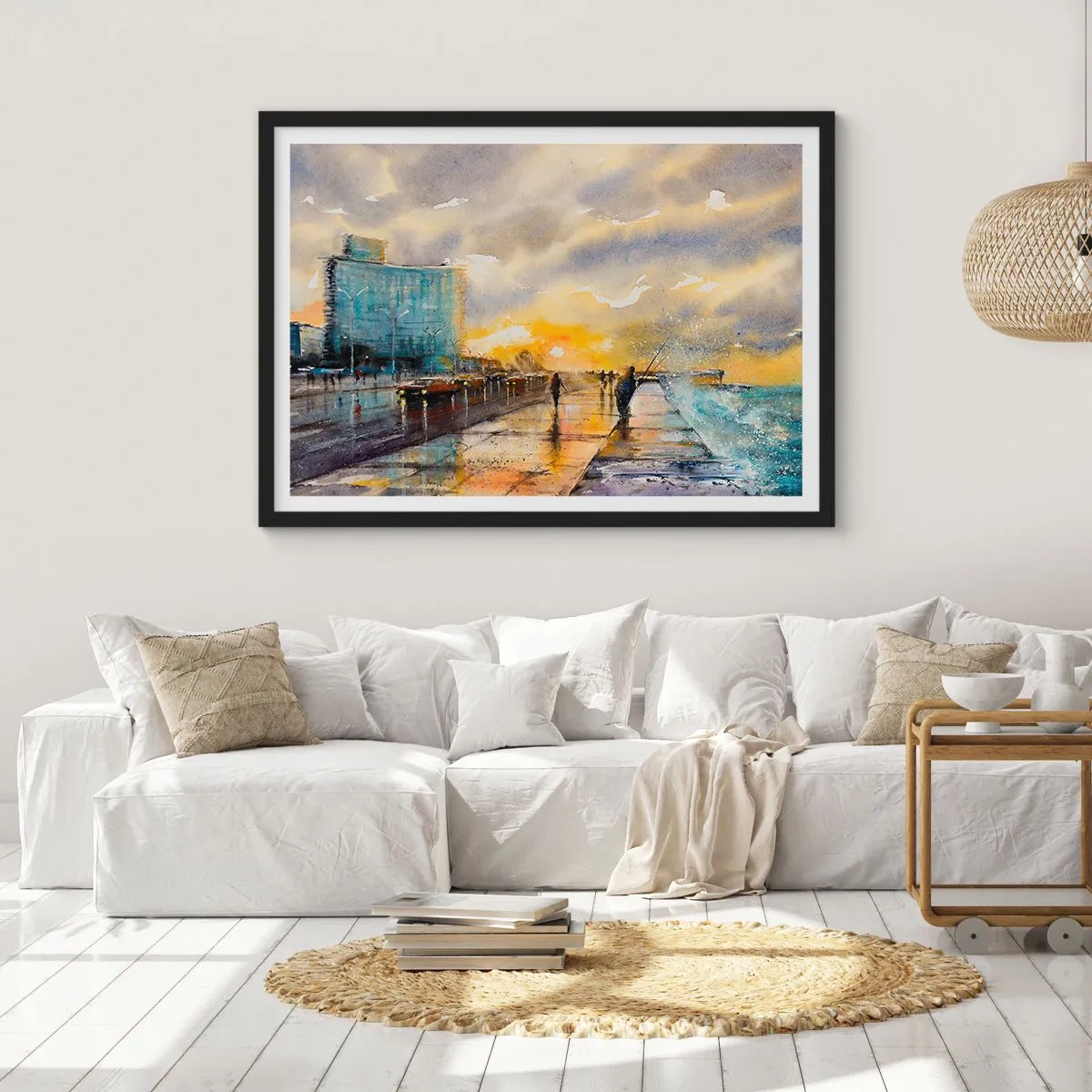 Poster in cornice nera - Una vista pittoresca del lungomare al tramonto - 70x50cm - Vita sulla costa - Decorazione murale moderna per soggiorno e camera da letto ARTTOR
