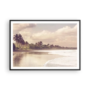Poster in cornice nera - Una spiaggia con palme e onde dolci al mattino - 100x70cm - La carezza delle onde - Decorazione murale moderna per soggiorno e camera da letto ARTTOR