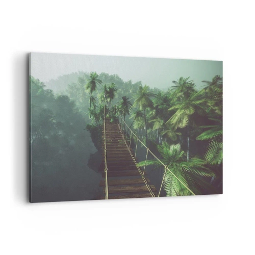 Quadro su tela - Stampe su Tela - Un ponte sospeso in una foresta tropicale circondato dalla nebbia. - 100x70cm - Nel vortice del verde - Decorazione murale moderna per soggiorno e camera da letto ARTTOR