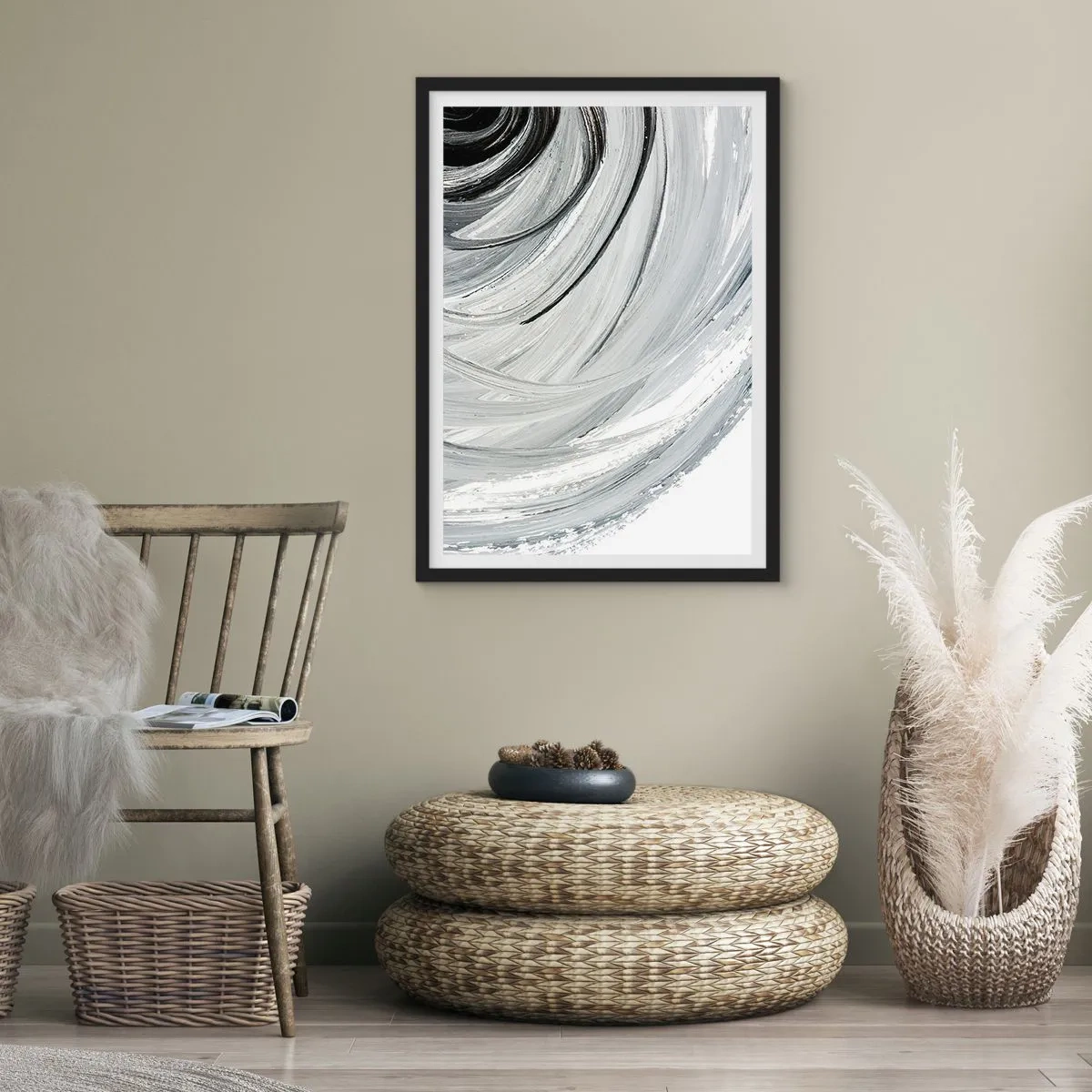 Poster in cornice nera - Astrazione dinamica nelle tonalità del nero, bianco e grigio - 50x70cm - Composizione orbitale - Decorazione murale moderna per soggiorno e camera da letto ARTTOR