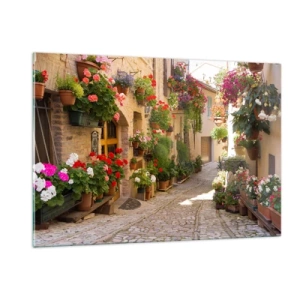 Quadro su vetro - Una pittoresca strada con fiori in vaso - 120x80cm - Un'esplosione di fiori - Decorazione murale moderna per soggiorno e camera da letto ARTTOR