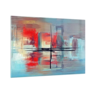 Quadro su vetro - Un'astrazione colorata nei toni del rosso e del blu, ispirata a un paesaggio. - 100x70cm - Paesaggio in una dimensione sconosciuta - Decorazione murale moderna per soggiorno e camera da letto ARTTOR