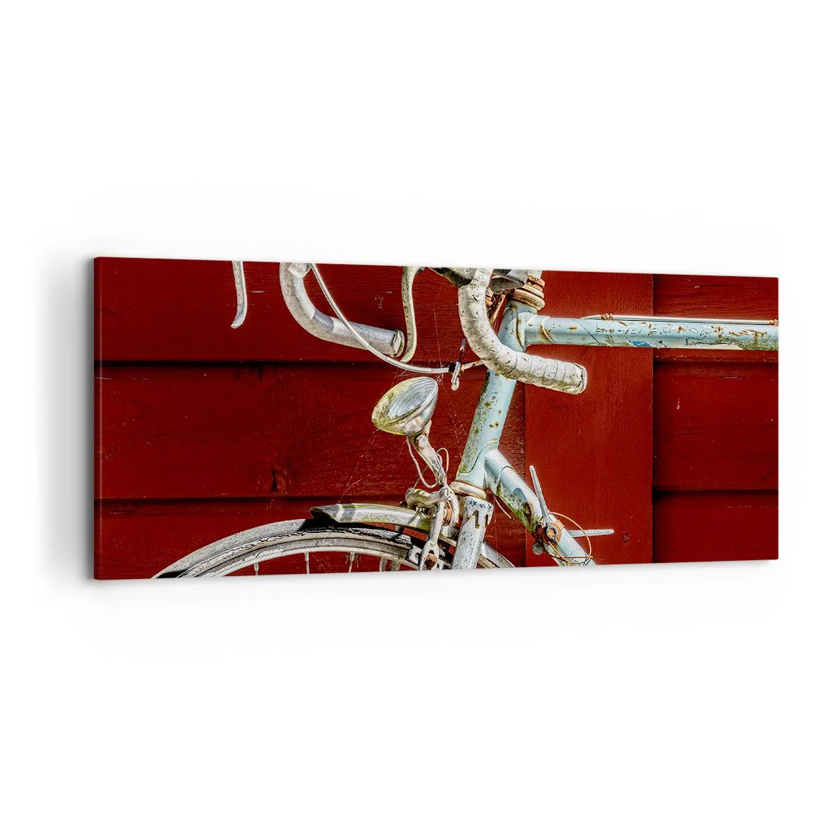Quadro su tela - Stampe su Tela - Una bicicletta d'epoca contro un muro di legno rosso - 120x50cm - Creata per la vittoria - Decorazione murale moderna per soggiorno e camera da letto ARTTOR