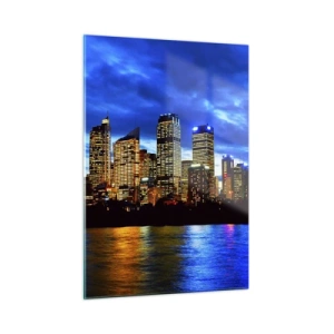 Quadro su vetro - Panorama della città notturna riflessa nell'acqua - 50x70cm - Notte di luci e colori - Decorazione murale moderna per soggiorno e camera da letto ARTTOR