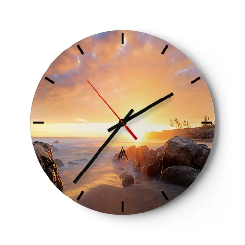 Orologio da parete - Orologio in Vetro - Tramonto sul mare con pietre e luce calda - 30x30cm - La luminosa brezza della sera - Decorazione murale moderna per soggiorno, cucina e camera da letto ARTTOR