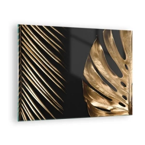 Quadro su vetro - Foglie di palma dorate e monstera su sfondo nero - 70x50cm - Diverse, ma ugualmente care - Decorazione murale moderna per soggiorno e camera da letto ARTTOR
