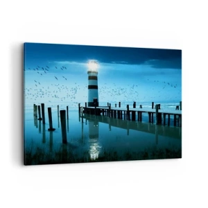 Quadro su tela - Stampe su Tela - Il faro sul molo illuminato di notte - 120x80cm - E passa la paura del buio - Decorazione murale moderna per soggiorno e camera da letto ARTTOR