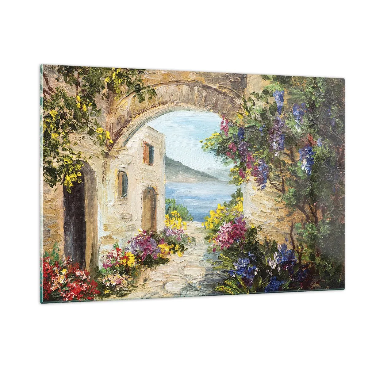 Quadro su vetro - Una pittoresca strada con vista sul lago - 120x80cm - La bellezza della provincia costiera - Decorazione murale moderna per soggiorno e camera da letto ARTTOR