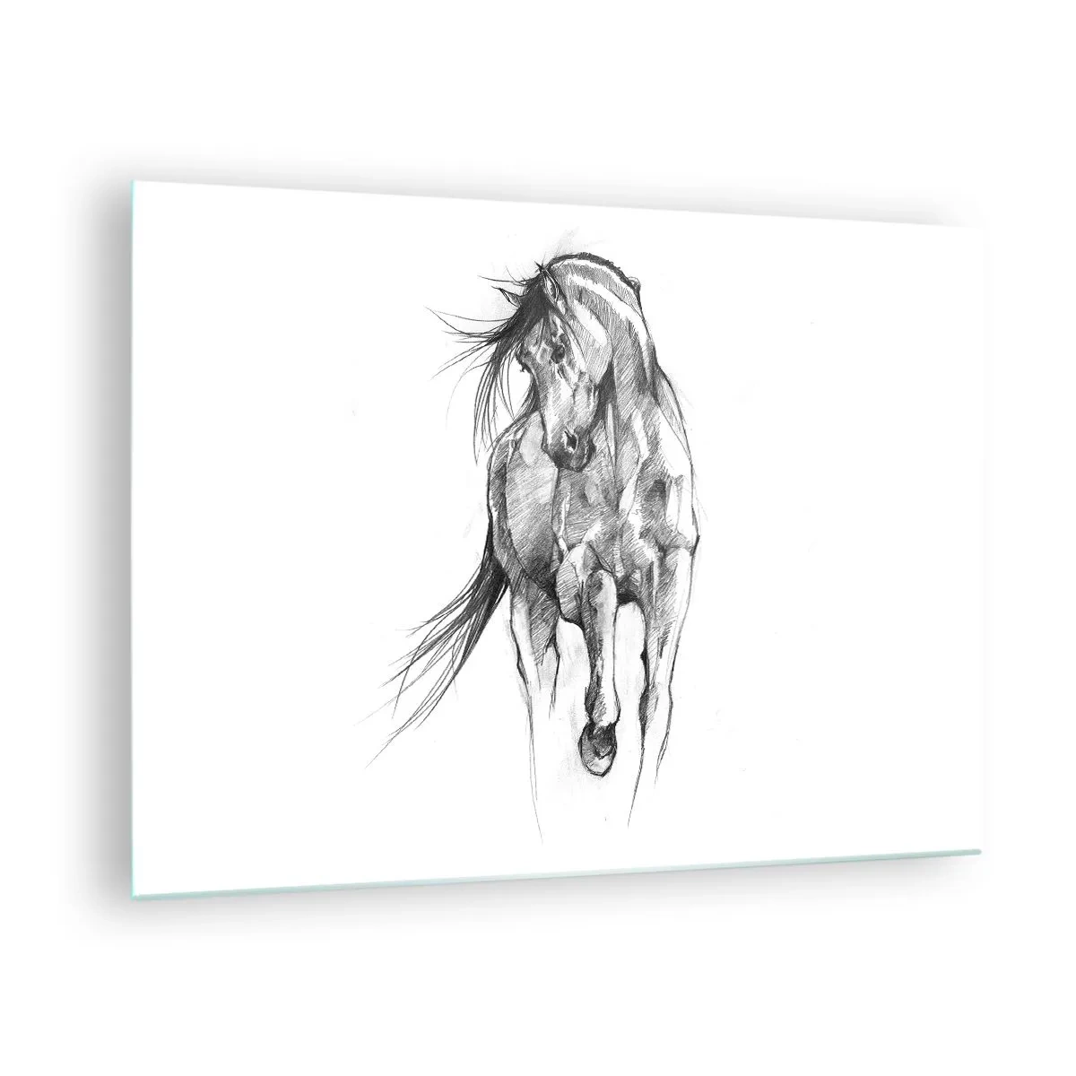 Quadro su vetro - Uno schizzo di un cavallo al galoppo in stile minimalista - 70x50cm - Trotto aggraziato - Decorazione murale moderna per soggiorno e camera da letto ARTTOR