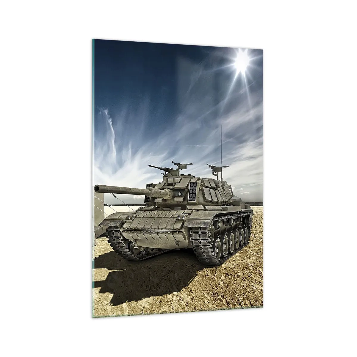 Quadro su vetro - Un carro armato accanto a una tenda militare in una zona desertica - 70x100cm - Sogno militare - Decorazione murale moderna per soggiorno e camera da letto ARTTOR