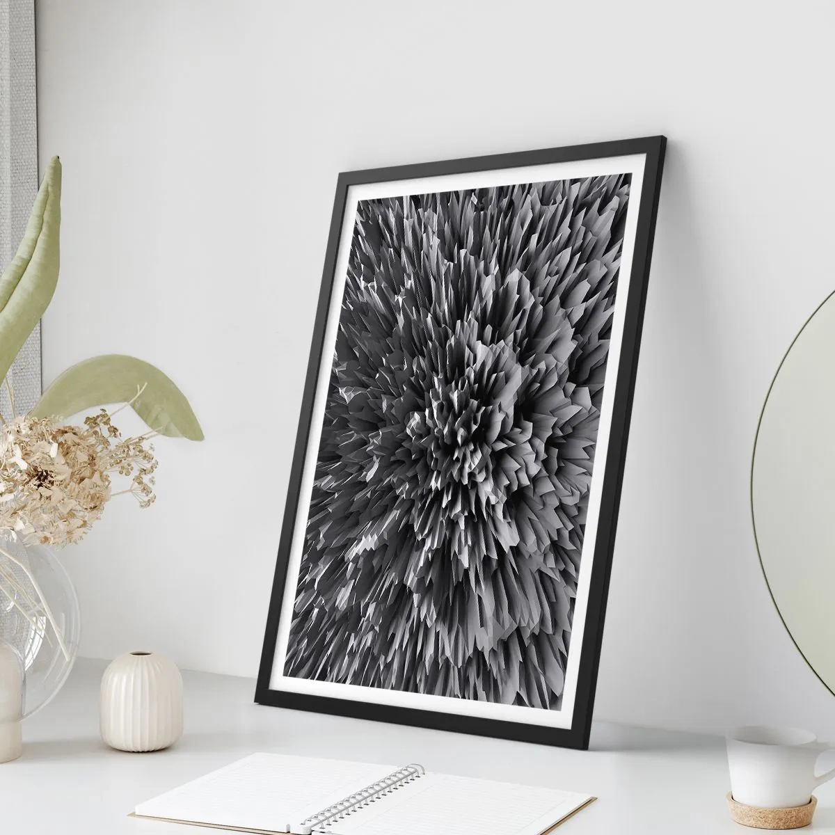 Poster in cornice nera - Composizione astratta in bianco e nero con forme geometriche - 50x70cm - Spigolosità massima - Decorazione murale moderna per soggiorno e camera da letto ARTTOR