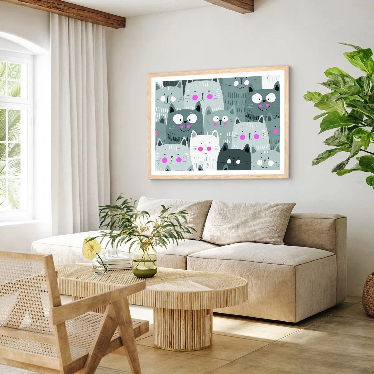 Poster in cornice rovere chiaro - Il mondo dei gatti - 100x70 cm