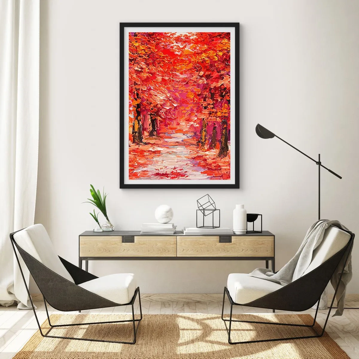 Poster in cornice nera - Un pittoresco vicolo autunnale nei toni del rosso - 50x70cm - Impressione d'autunno - Decorazione murale moderna per soggiorno e camera da letto ARTTOR