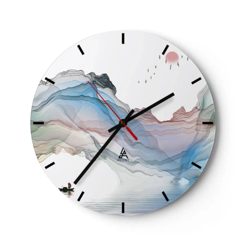 Orologio da parete - Orologio in Vetro - Montagne colorate ed eteree con una barca sulla superficie dell'acqua - 30x30cm - Verso i monti di cristallo - Decorazione murale moderna per soggiorno, cucina e camera da letto ARTTOR