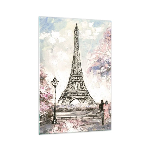 Quadro su vetro - La Torre Eiffel circondata da alberi in fiore - 70x100cm - Passeggiata a Parigi in aprile - Decorazione murale moderna per soggiorno e camera da letto ARTTOR