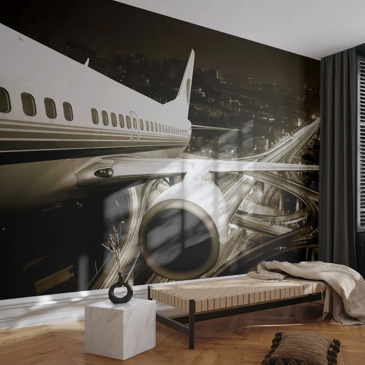 Fotomurali Premium Canvas - Volare di notte - Aereo, Città, Settore automobilistico - 250x175 cm