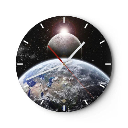 Orologio da parete - Orologio in Vetro - Terra e Luna nello spazio - 30x30cm - Paesaggio cosmico: sorgere del sole - Decorazione murale moderna per soggiorno, cucina e camera da letto ARTTOR